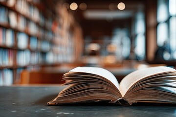 Obraz premium Open Book on Dark Surface with Blurred Bookshelves Background in Library with Warm Lighting Style