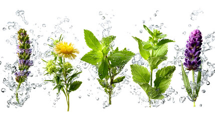 Fresh assorted herbs and flowers with water splashes on white background, perfect for cooking and natural beauty themes