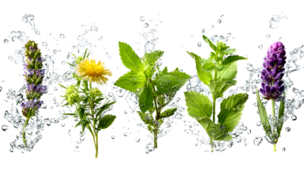 Fresh assorted herbs and flowers with water splashes on white background, perfect for cooking and natural beauty themes
