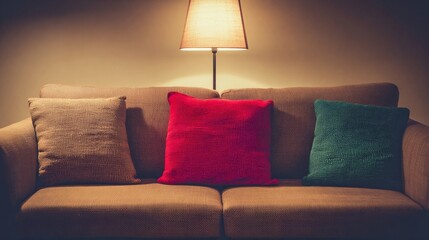 A cozy brown couch with three textured cushions in light brown, vibrant red, and green,
