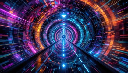 Obraz premium Abstract tunnel of vibrant, glowing neon lights and geometric shapes, creating a sense of depth and movement.