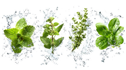 Fresh green herbs with water splashes isolated on white background, including mint, oregano, thyme, and basil, perfect for cooking and health articles