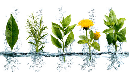 Fresh green leaves and herbs in clear water with bubbles isolated on white background, perfect for health and wellness concepts