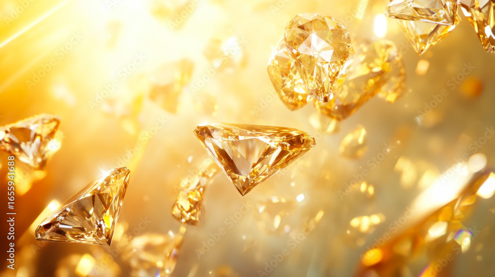 Poster sparkling golden crystals float gracefully in radiant light creating a dazzling visual display in an