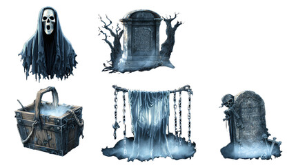 Ghostly horror elements including specter, haunted tombstones, cursed chest, and eerie waterfall perfect for Halloween and spooky themes