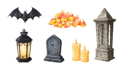 Halloween decorations set with bat, lantern, tombstone, candles, candies, and stone monument, perfect for spooky Halloween events and parties