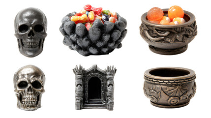 Halloween decorations including skulls, gothic bowls with candy, and miniature haunted house, perfect for spooky seasonal displays
