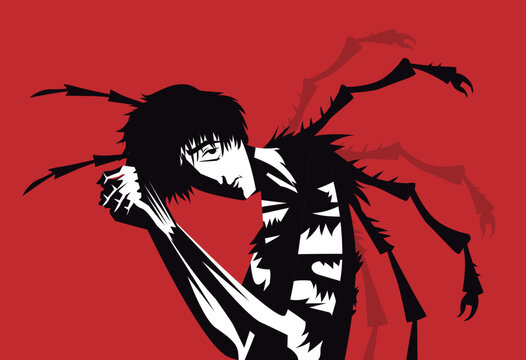 sad depressed man turning into an insect 