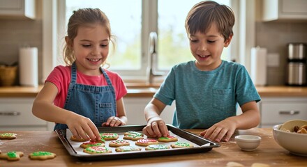 Two children decorating thanksgiving cookies together in a kitchen at home  