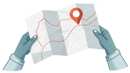 Hands holding a folded paper map with a destination marker and route isolated on transparent background