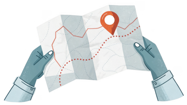 Hands holding a folded paper map with a destination marker and route isolated on transparent background