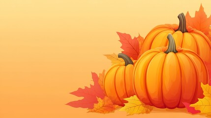 Naklejka premium Autumn Pumpkins with Fall Leaves on Orange Background – Seasonal Harvest Illustration