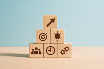 Strategic Wooden Blocks: A collection of wooden blocks, each adorned with a symbol representing essential aspects of a successful business strategy.