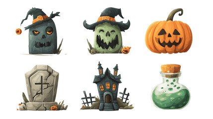 Halloween themed pumpkins, witch hats, tombstone, haunted house, and potion bottle spooky decorations perfect for Halloween events and parties