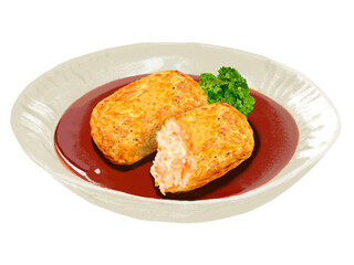 カニクリームコロッケソース付き（1個と断面）