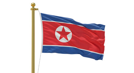 North Korea flag waving on flagpole isolated on white background, symbol of North Korean country and government