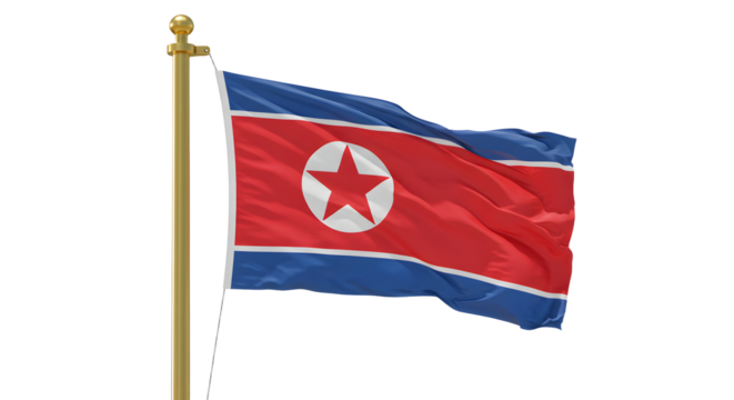 North Korea flag waving on flagpole isolated on white background, symbol of North Korean country and government
