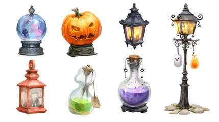 Set of Halloween and magical lanterns with glowing jack-o'-lantern, vintage street lamp, and fantasy potion bottles, perfect for spooky decor and fantasy themes