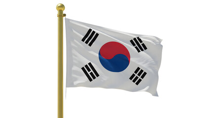 South Korean national flag waving on flagpole with white background, Taegeukgi symbol representing South Korea identity and culture, perfect for international events