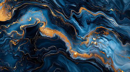 Obraz premium Abstract blue and gold swirling pattern resembling fluid art or marble texture.