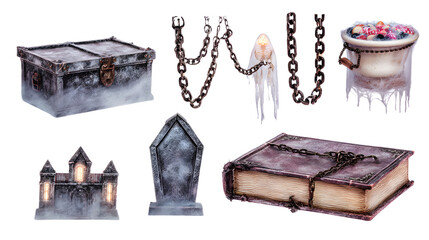 Spooky Halloween collection with haunted castle, old book, chains, and witchcraft accessories, perfect for holiday decorations or themed events