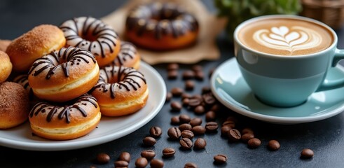 Delicious glazed donuts and latte coffee with scattered beans