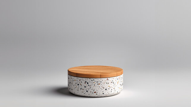 flat podium made of white terrazzo with a wooden lid on a plain background.