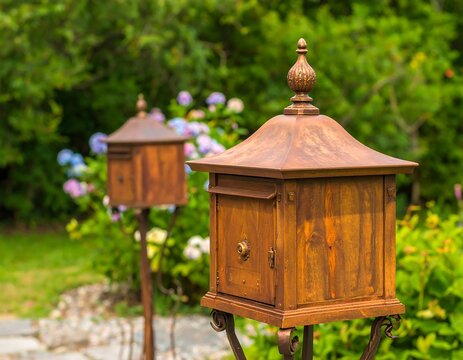 Two rustic mailboxes in a garden