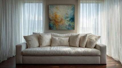An elegant modern living room with a large beige sofa, plush cushions,