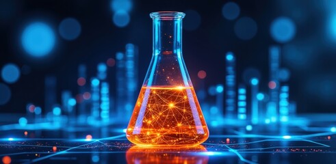Glowing flask with futuristic cityscape and network connections