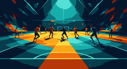 Stylized illustration of a futsal match in a dramatically lit indoor stadium with players in action.