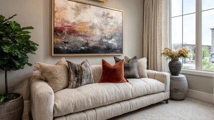 A tranquil living room with a large window, elegant neutral sofa, abstract painting, potted plant, ceramic vase,
