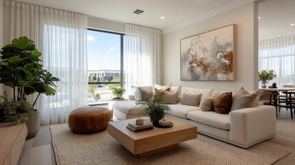 Elegant modern living room with natural light, sheer white curtains, off-white sofa, wooden coffee table, abstract art,