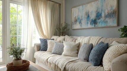 Fototapeta premium A cozy living room with a beige fabric sofa adorned with colorful pillows, a blue one standing out,