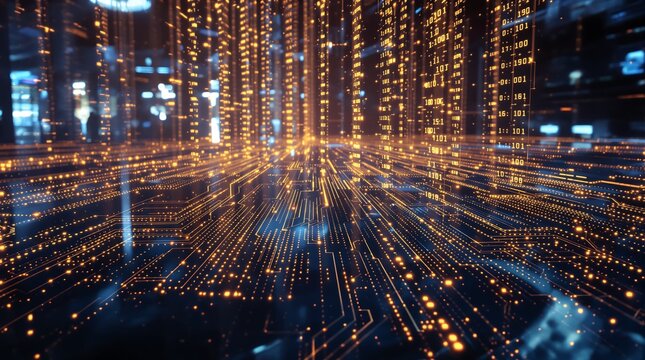 An abstract digital landscape depicting glowing data streams and intricate circuit board patterns with binary code. - Powered by Adobe