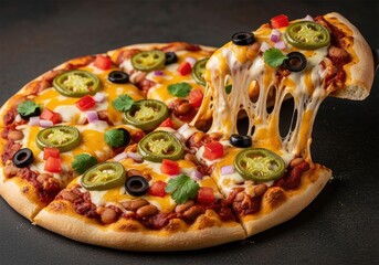 Mexican Jalapeno Pizza with Cheese Pull &mdash; Spicy Tex-Mex Slice with Beans, Olives & Cilantro