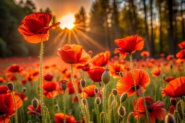 Obraz premium Field of Red Poppies at Sunset with Sun Rays Shining Through the Forest