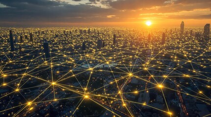 An aerial view of a sprawling, illuminated city at sunset, overlaid with a bright, interconnected digital network representing global communication.