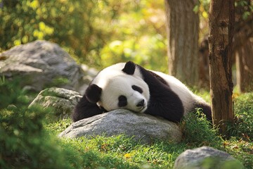 Obraz premium Sleepy Panda Resting On Rocks In Forest