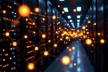An abstract visualization of glowing network connections within a modern server room or data center.
