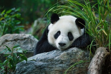 Fototapeta premium Sleepy Panda Resting On Rocks In Forest