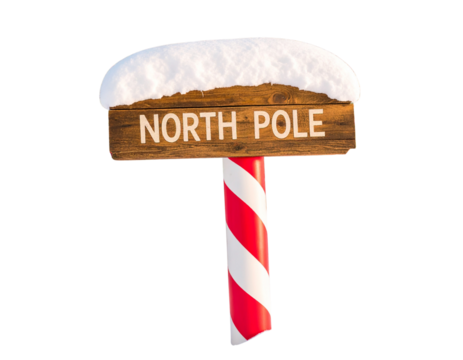 Classic Candy Cane North Pole Sign with Snow Cap, PNG