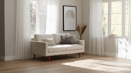Fototapeta premium A modern minimalist living room with an off white two seater sofa, wooden floor, large windows, white curtains,