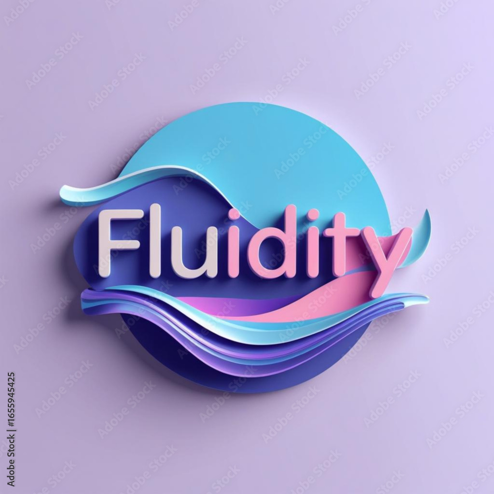 Poster pastel layered emblem with circular shapes and stylized waves displaying the word fluidity in pink l
