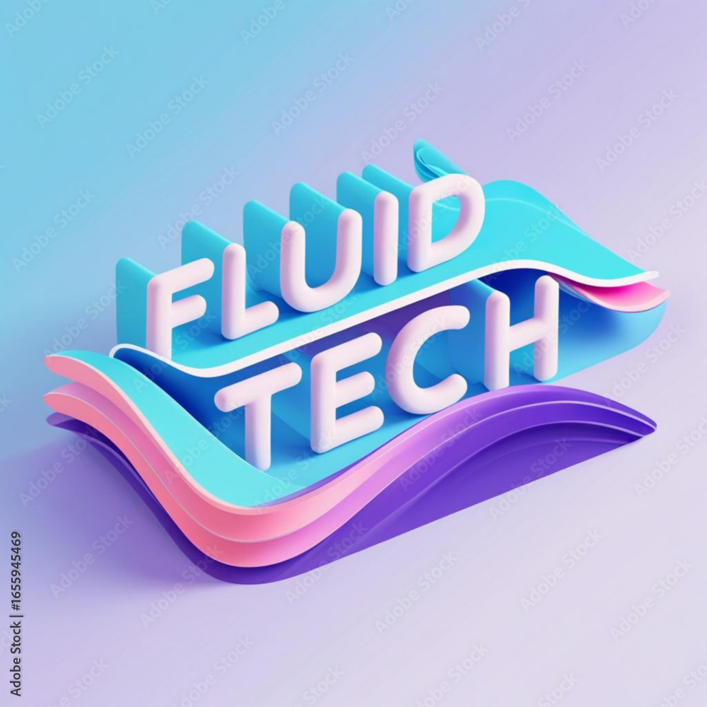 Poster rendered image of fluid tech lettering with pastel colors and layered wavy shapes design element vis