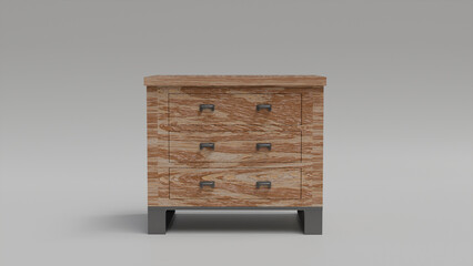 3D model of brown wooden chest of drawers with three drawers on legs isolated on gray background, minimalist piece of furniture for interior, visualization