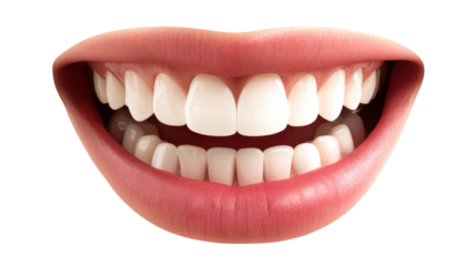 Close-up of a wide, smiling mouth showing healthy white teeth and pink lips, cut out transparent