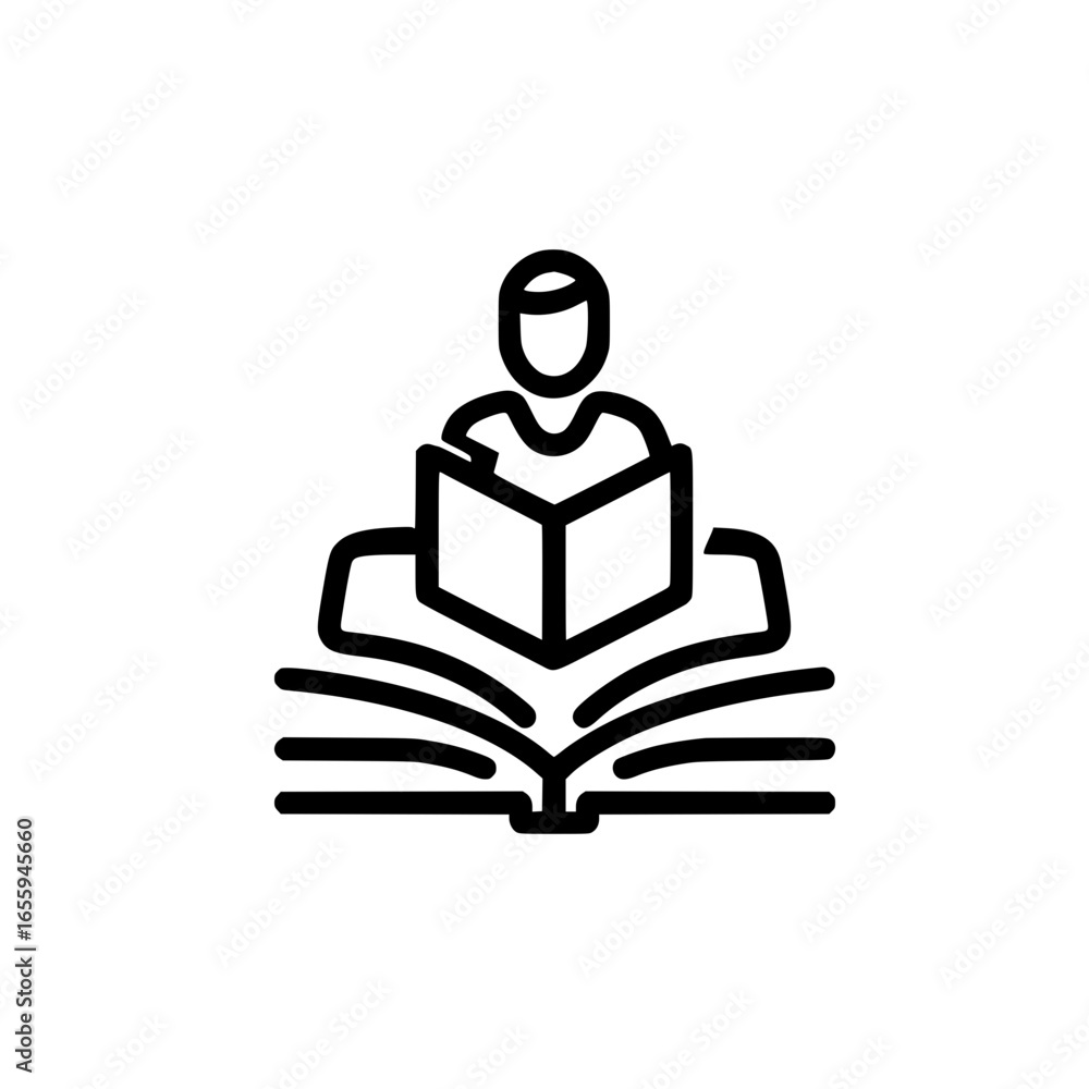 Aufkleber vector icon of person sitting and reading on an open book symbolizing knowledge and education