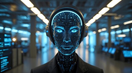 A futuristic AI or robot with a glowing circuit-patterned face in a high-tech data center environment.