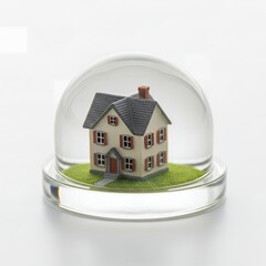 Miniature House Model Encased in a Clear Glass Dome on White Background
